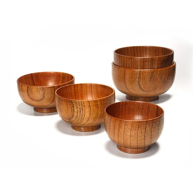 Handmade Wood Bowl for Rice Soup Sauce Dipping Wooden Dinnerware Unbreakable Round Wooden Bowls 7 Size Assorted