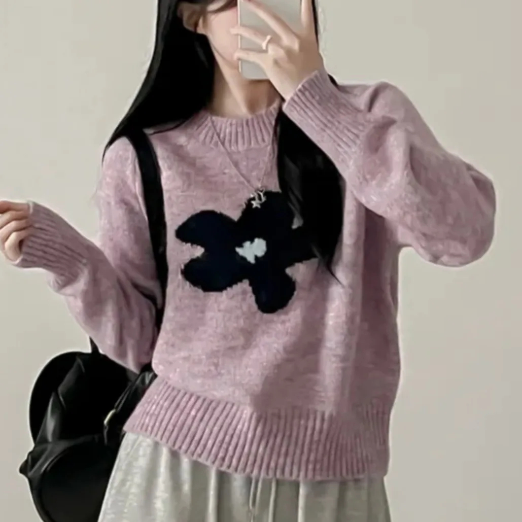 

Chic Autumn Winter round Ne Loose ort Knitted Sweater Floral Embroidery Korean Sle Commute Faion Women's Top