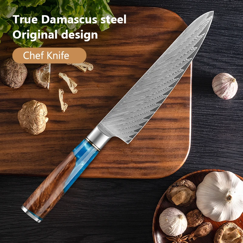 8 inch Blue Resin Chef Knife Damascus Steel 67 layers  cooking Kitchen knife Classic Restaurants japanese handmade knife
