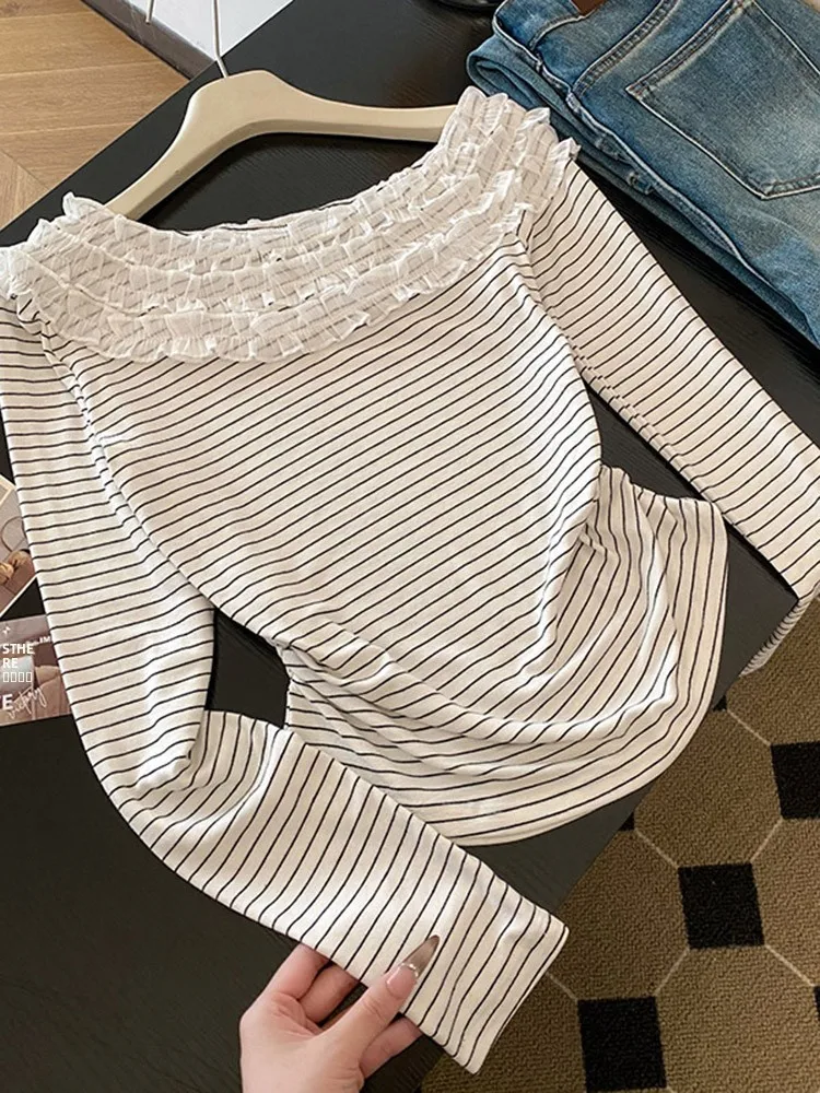 

Slim Fit Striped T-irt Women's Spring New Sle oulder Bared Base irt Top Korean Version 3D Lotus Le Hot Girl