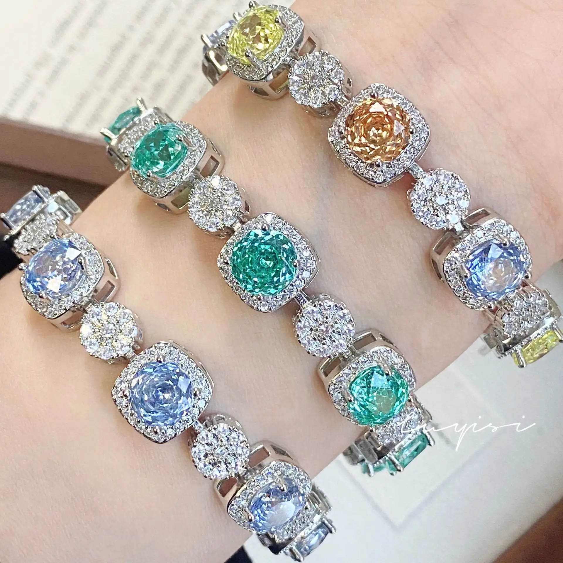 Fashion Light Luxury Octagonal Millennium Rose Cut Tanzanite Blue Bracelet Inlaid with High Carbon Diamond Rose Paraiba Jewelry