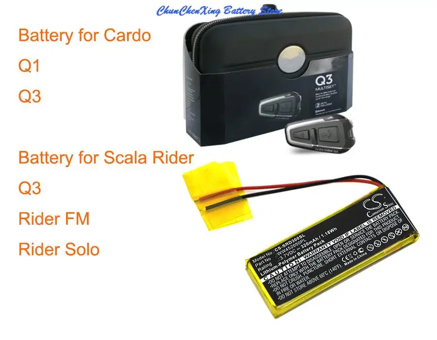 Batteria TECHTEK 450mAh Per Cardo Q1, Q3, Solo, Scala Rider Q3 – Sostituisce BAT00003, Li-Polymer 3.7V, Colore Nero