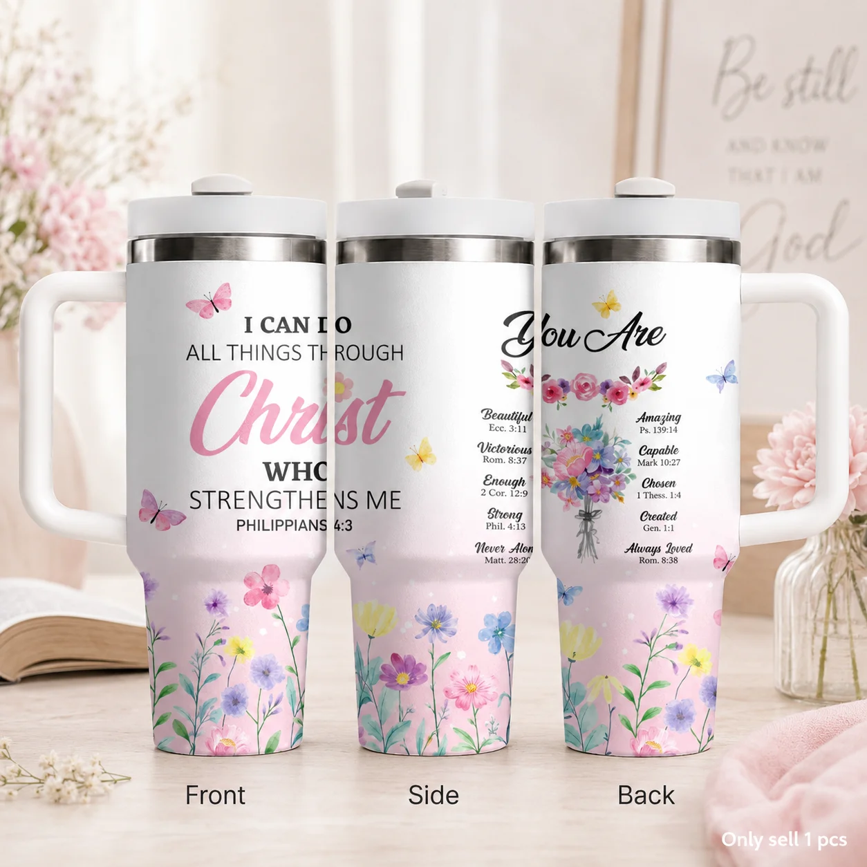 Christ Strengthens Me Floral Faith Vacuum Flasks 40oz Stainless Steel Insulated Tumbler With Handle & Straw Leakproof Travel Mug