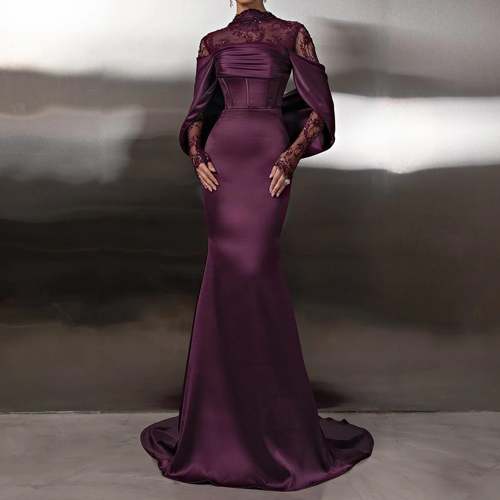 

Вечерние платья русалки по индивидуальному заказу, длиной до пола, с высоким воротом и длинными рукавами, платье для выпускного вечера, модное кружевное плиссированное вечернее платье с блестками и драпировкой