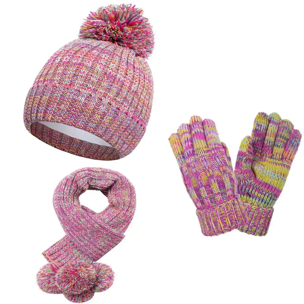 Autumn and Winter New Children's Cute Hairball Hat Scarf Gloves Three-piece Set Warm and Cold-proof