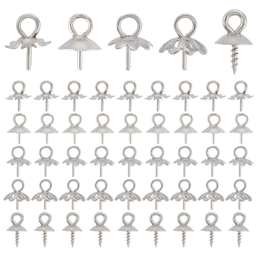 

1Box 100Pcs 5 Style 304 Stainless Steel Cup Peg Bails Pendants For Half Drilled Beads Flower & Half Round Kit