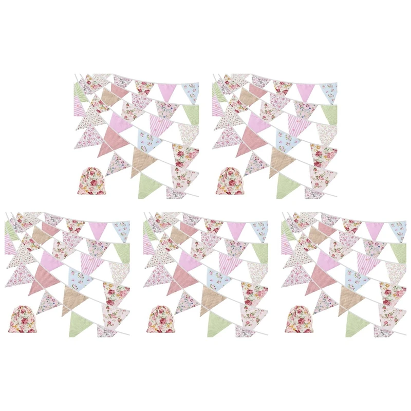 

5Pcs 40Ft Fabric Bunting, 42Pcs Outdoor Bunting Banner,Floral Vintage Cotton Triple-Cornered Flag