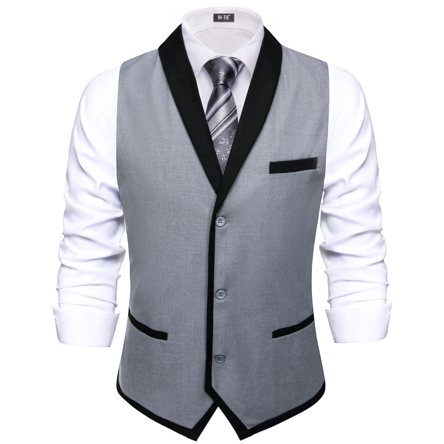 Hi-tie Jacquard Grey Black Shawl Collar Suit Vest Slim Fit Waistcoat for Wedding Groomsmen V-Neck Tuxedo Sleeveless Jacket