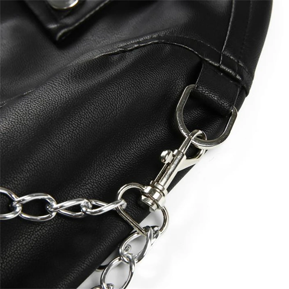 Vangull Faux Leather Cropped Jackets Women Punk Harajuku Black Coat Woman Gothic Long Sleeve Overcoat With Chains Outwears Tops