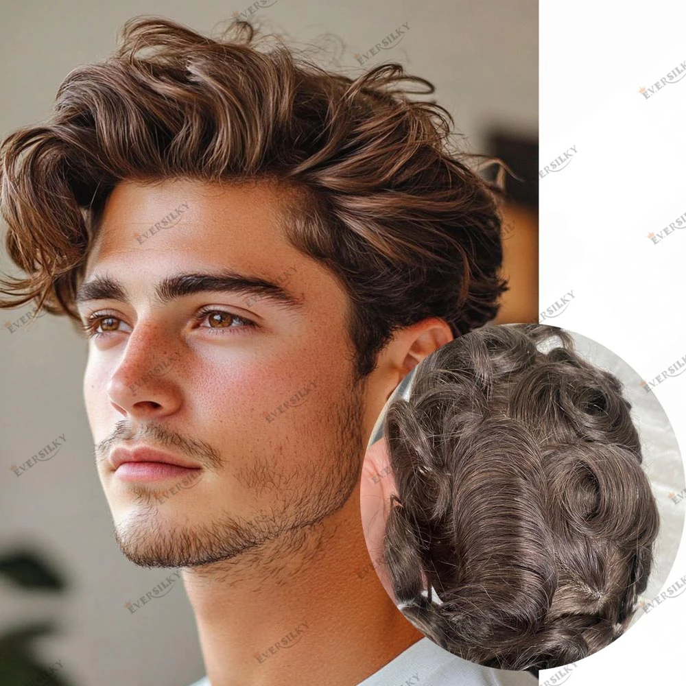 

#4 #6 Cool Brown Men's Human Hair Capillary Prosthesis Durable 0.1MM Skin Base Cheapest Silicon PU Hair Replacement Natural Hair