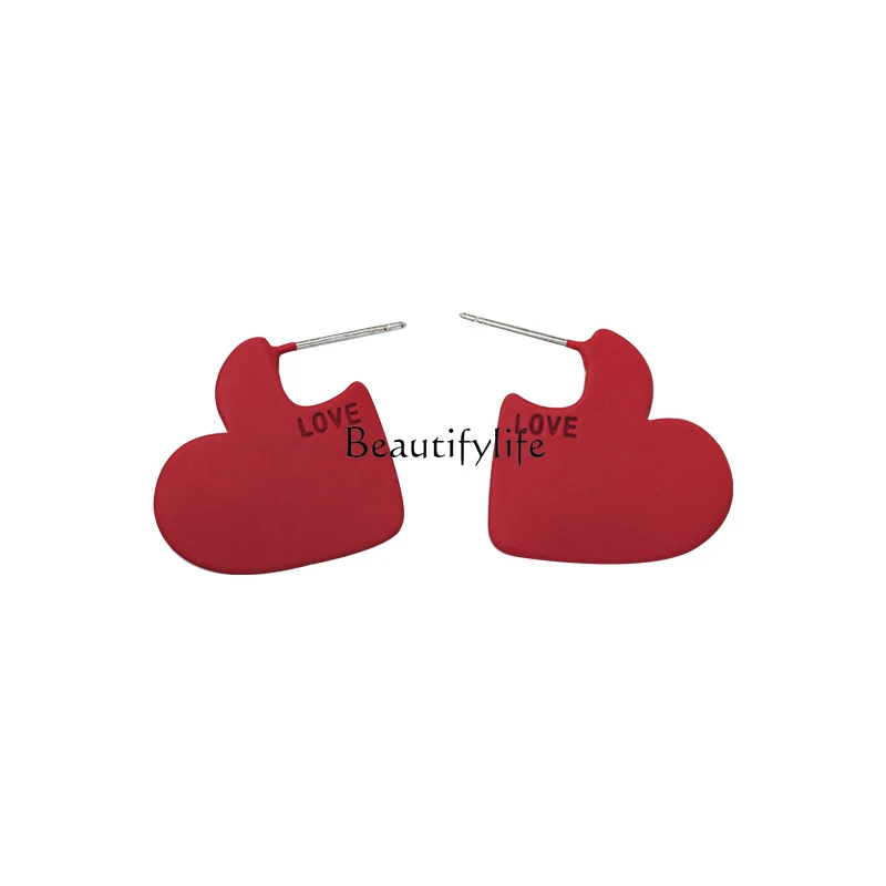 Red Heart-Shaped Ear Studs Simple Graceful Sterling Silver Earrings