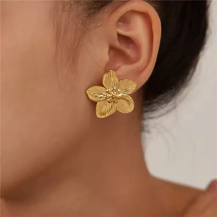 Stainless Steel Large Gold Flower Floral Big Stud Petal Earr