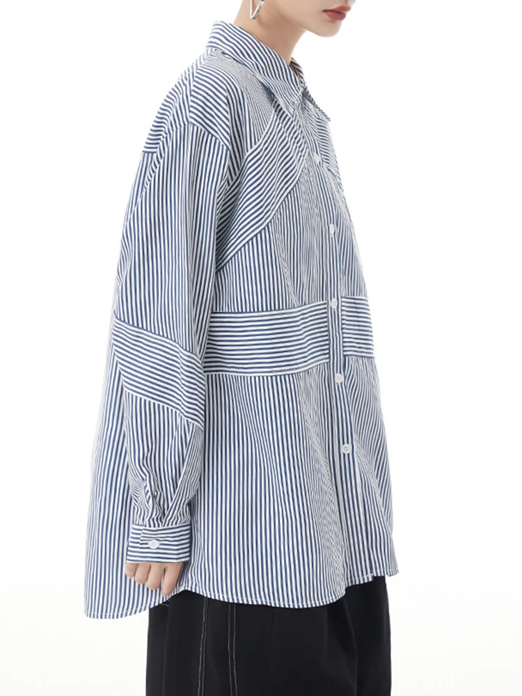 [EAM] Women Blue Striped Big Size Casual Blouse New Lapel Long Sleeve Loose Fit Shirt Fashion Tide Spring Autumn 2024  1DH2926