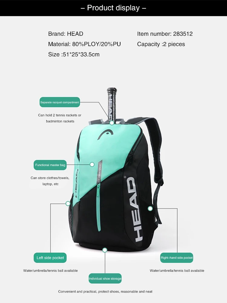 HEAD Tennis Backpack Outdoor Sport Bag Tennis Bag Badminton Gymbag Backpack Original Tennis Backpack With Separated Shoe Bag