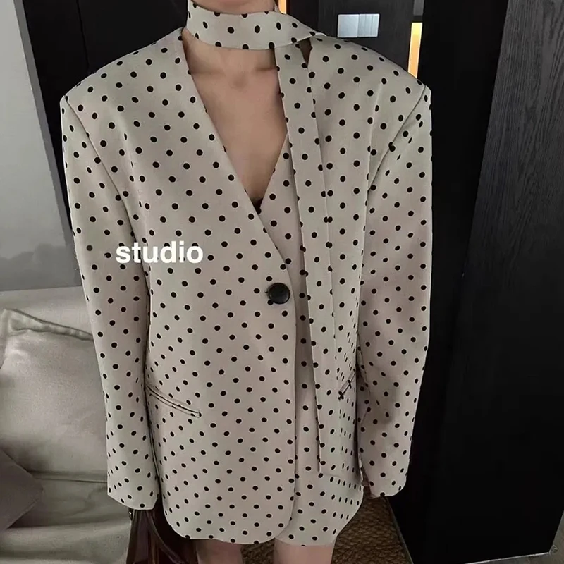 Korean Polka Dot Suit Jacket Women Long Sleeve V Neck Single Button Coat Fashion Elegant Loose Lazy Commuter Office Lady Outwear
