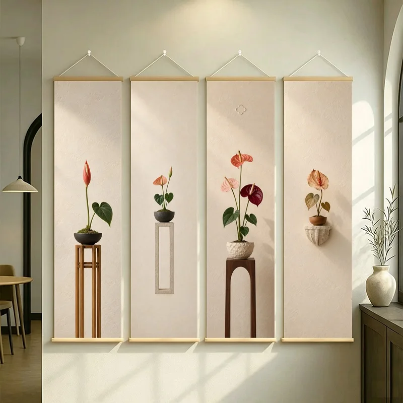 Anthurium Wall Art 4-Panel Pink Red Flower Pot Hanging Scroll Set on Cream Silver Shimmer Canvas for Chic Dining Room Decor