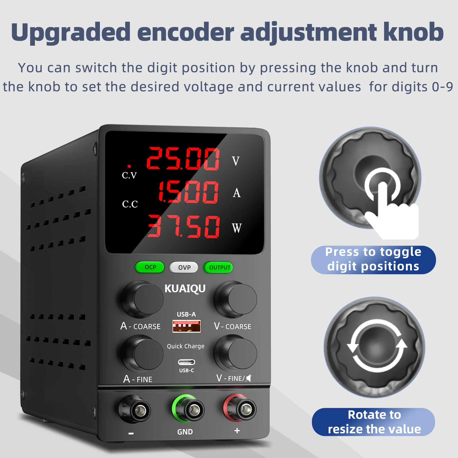 KUAIQU Switching Bench Power Supply Adjustable 30V 5A 10A 60V 120V ,OCP OVP Function Variable DC Power Supply Voltage Regulator