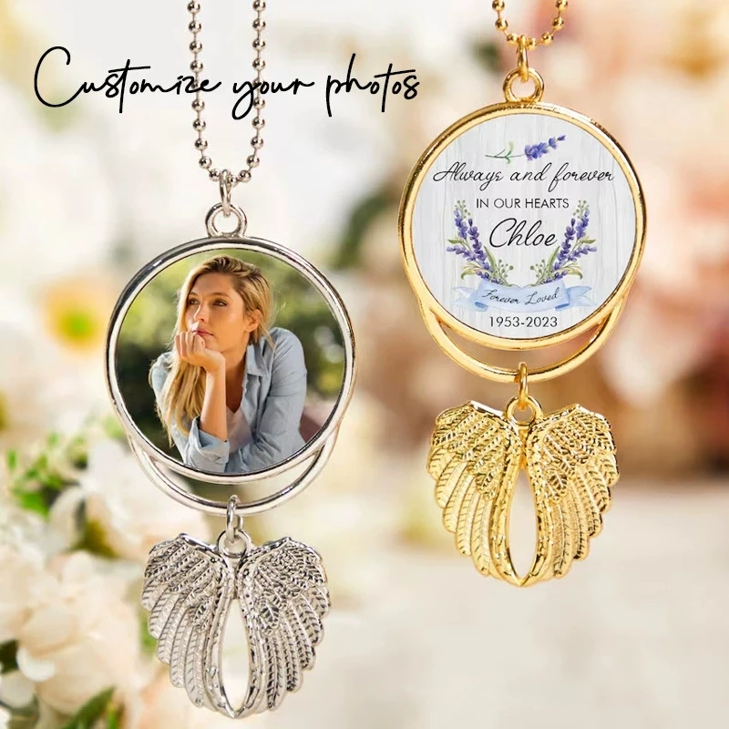 Custom Photo Car Rearview Mirror Pendant with Angel Wings Personalized Charm for Women Hanging Ornament Picture Gift for Lover