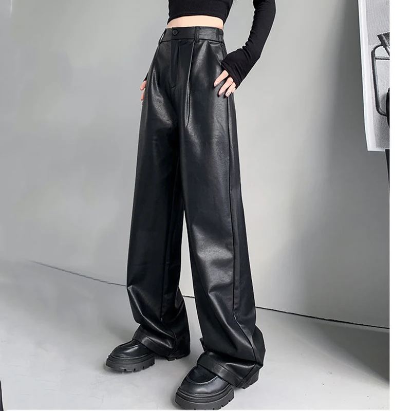 Gidyq Women Cargo Pants All Match Black High Waist Faux Leather Pants Korean Fashion Streetwear Straight Trousers Spring New