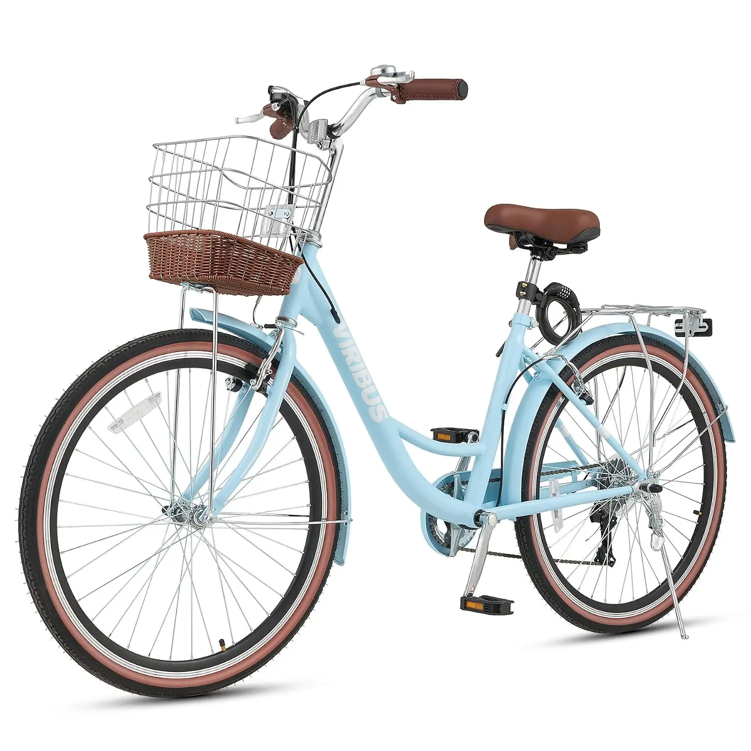 Womens Bike, Lightweight Aluminum Beach Cruiser Bike for Women 7 Speed 24/26inch with Front Basket & Rack, Step-Through City Com