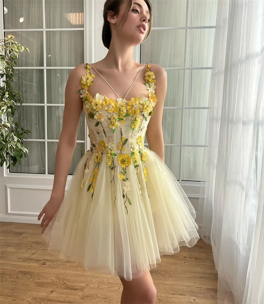 Sevintage Customized Fairy Yellow Tulle Prom Dress A-Line Spaghetti Strap Sweetheart 3D Flower Homecoming Dresses