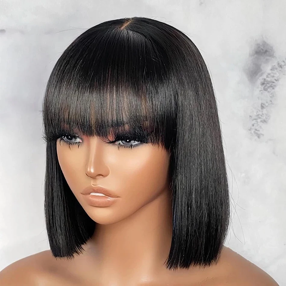 

Full Machine Made Short Bob Wig With Bangs Bone Straight Human Hair Wigs Brazilian Natural Color 100% Human Hair Wigs for Women