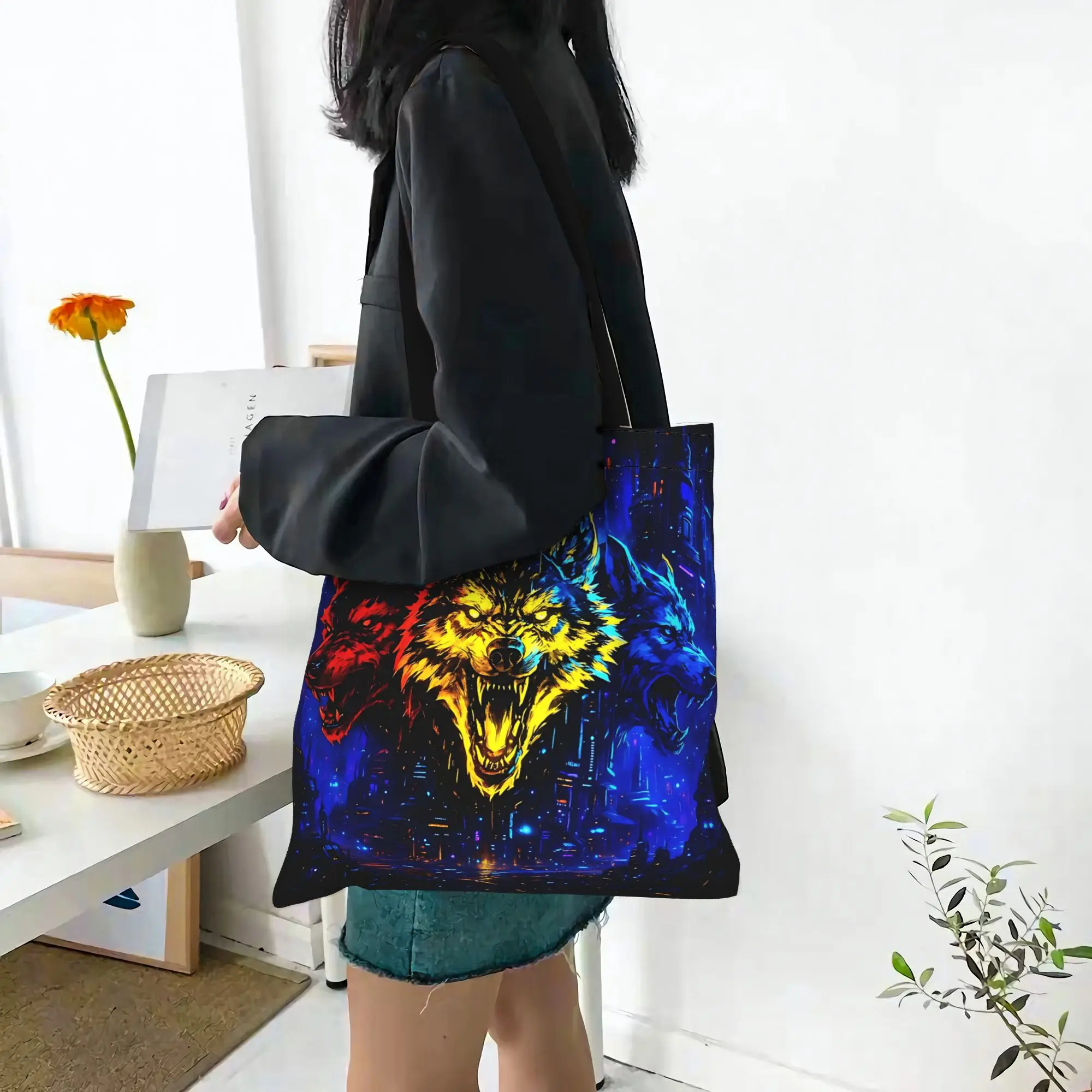 Customized Cool WOLF Women's Bag Shopping Bag Reusable Double Sided Canvas Tote Bag Shoulder  Handbag