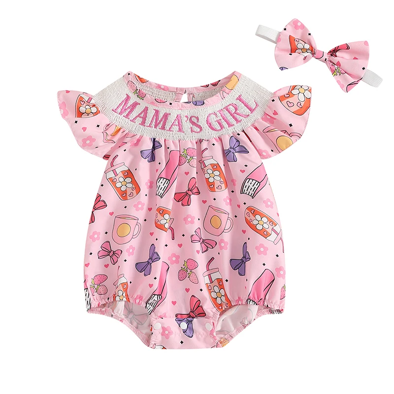 طفلة 2 قطعة ملابس الصيف بلا أكمام جولة الرقبة الكرتون القوس طباعة Smocked رومبير مع مجموعة عصابات رأس ملابس الرضع #1