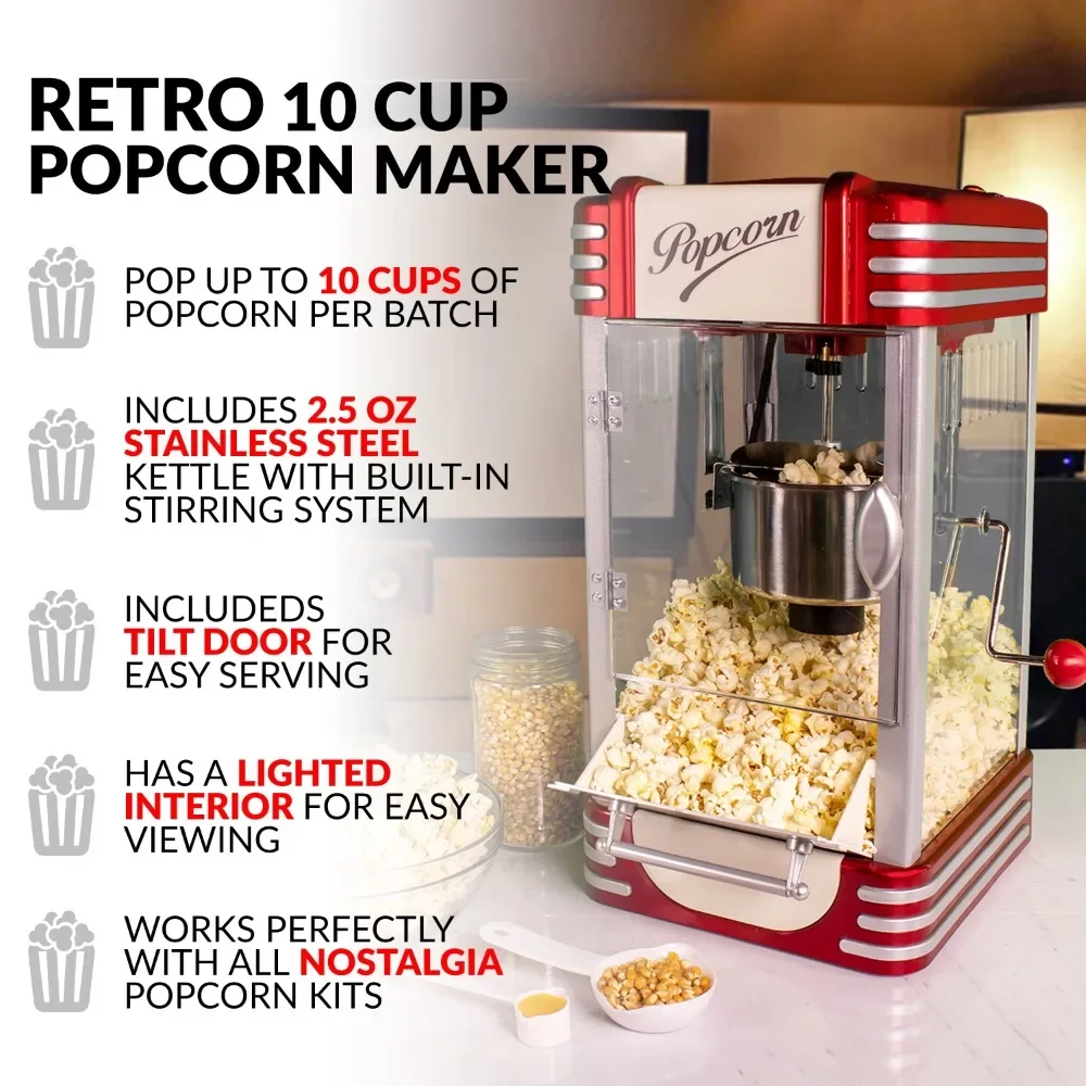 Popcorn Maker, 2.5 Oz Kettle Makes 10 Cups, Retro Classic Popcorn Machine with Interior Light, Measuring Spoons and Scoop, Red