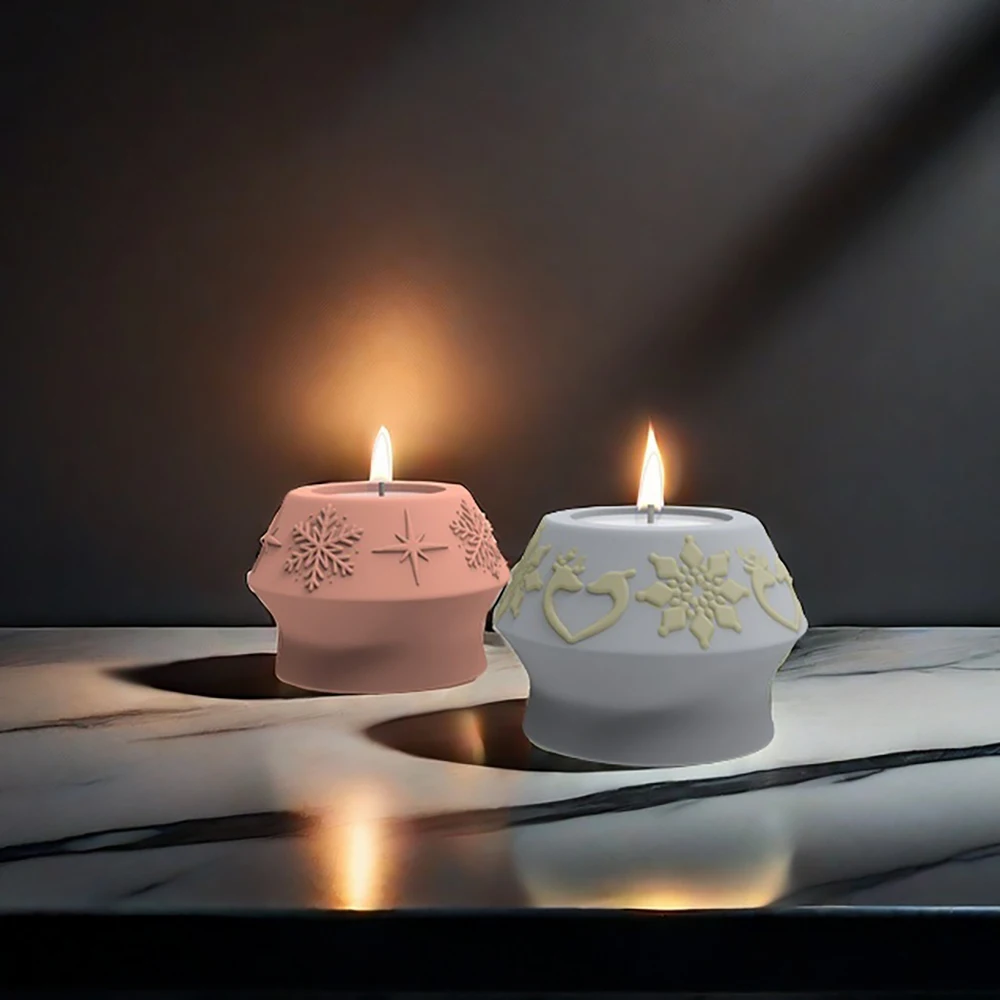 Silicone Mold For Cement Christmas Snow Candlestick Gypsum Jesmonite Snowflake Candle Jar Christmas Gift DIY Mould