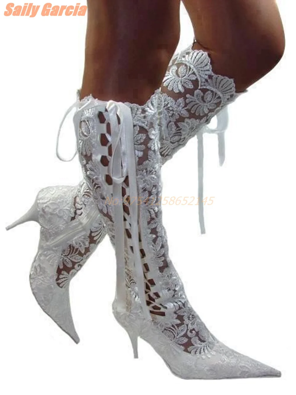 Lace Hollow Strappy Boots Sexy Red White Women's Boots Wedding Crossover Strap Pointed Toe This High Heel Over-the-Knee Spring