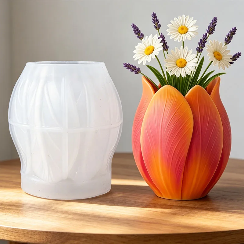3D Tulip Vase Silicone Mold Tulip Flower Planter Vase Pen Holder Plaster Cement Storage Jar Craft Ornament Mold Home Decor