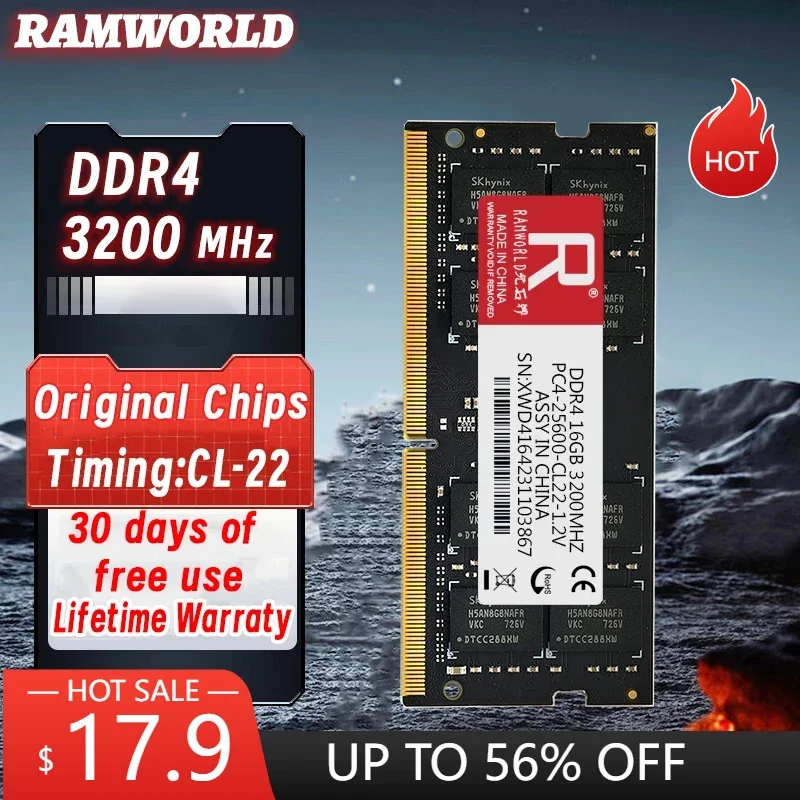 RAMWORLD DDR4 16GB 8GB 4GB 3200MHz 2666MHz 2400MHz 2133MHz mémoire pour ordinateur portable Ram PC4 CL16/17/19/22 1.2V SODIMM mémoire pour ordinateur portable