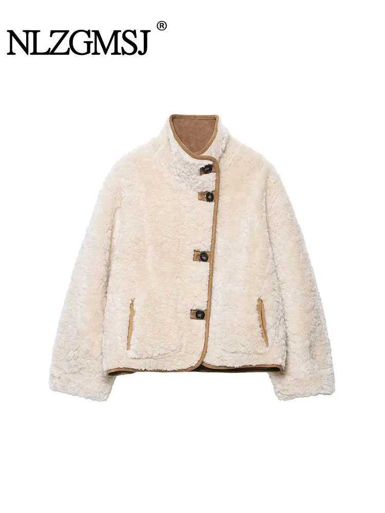 NLZGMSJ Women 2025 Winter New  Fashion Ladies Loose Coat Minimalist Faux Fur Button Coat Jacket Women Double sided outerwear