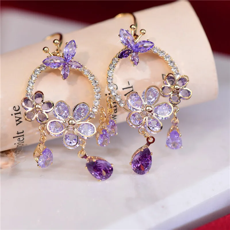 New Special Design Exquisite Flower Water Drop Color Zircon Advanced Sense French Light Luxury Retro Trendy Female Ins Earrings