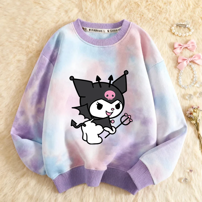 

Kuromi Kawaii Children's Hoodie Girl Cartoon Anime Tie Dye Sportswear Autumn Winter Velvet Warm Children's Sweatshirt Top Gifts