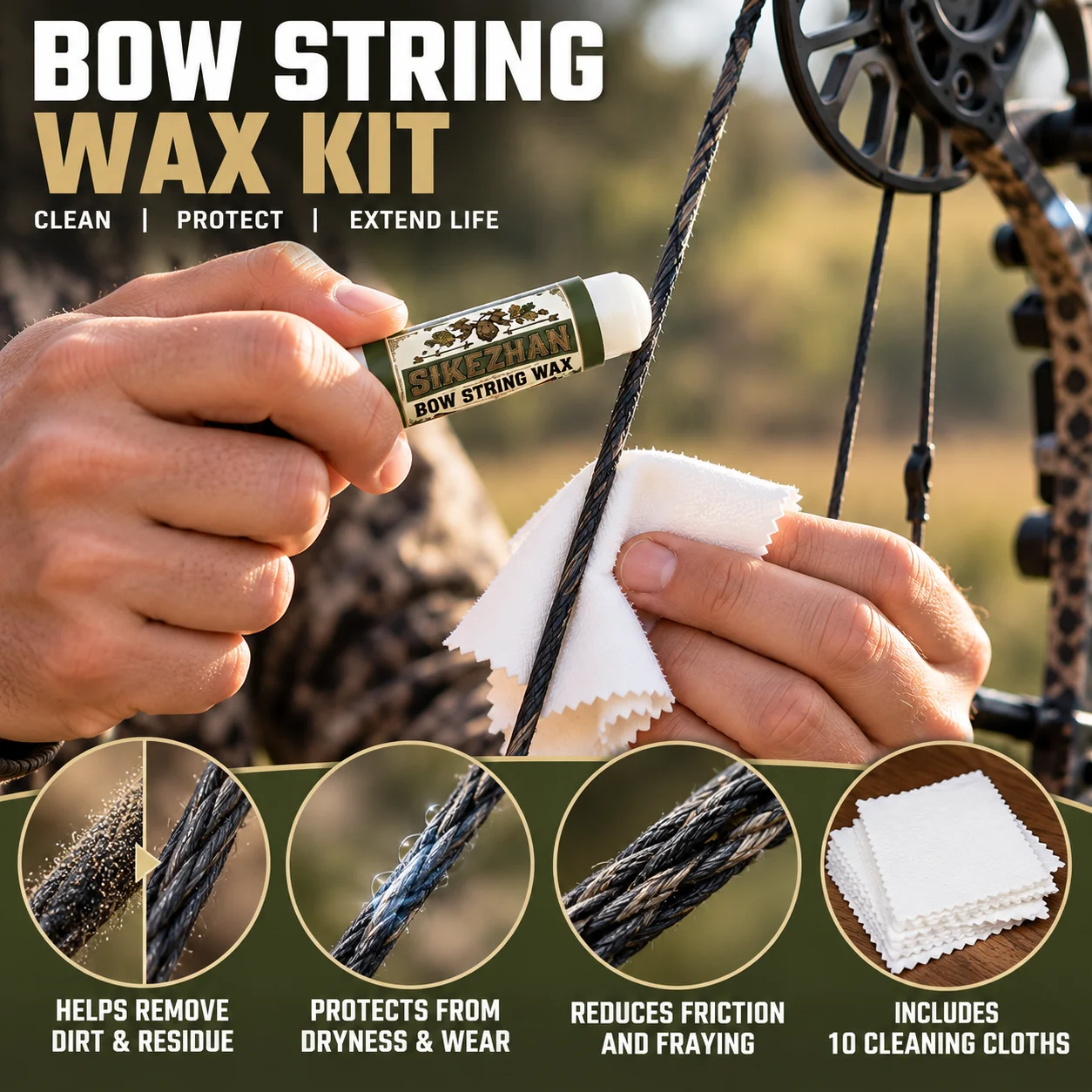 SIKEZHAN 6g Archery Bow String Wax + 10Pcs Wax Cloth, Universal for Crossbow Compound Recurve Bows, Protects & Prevents Fraying
