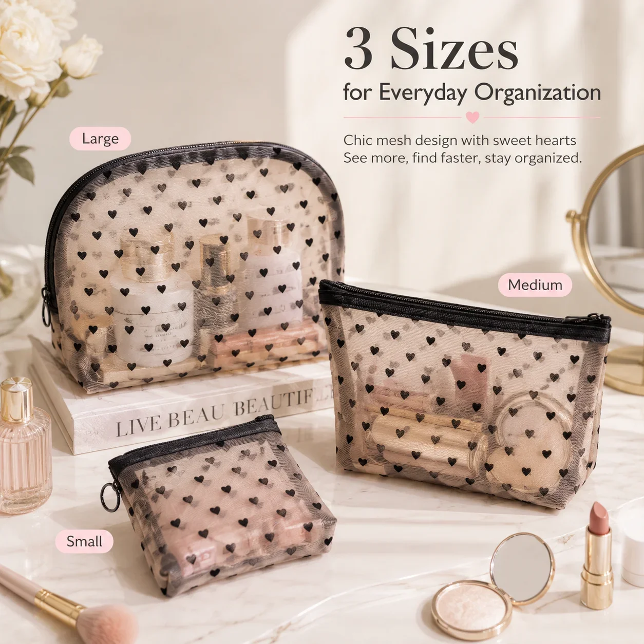 Ins Mesh Makeup Storage Bag, Heart Design Large Capacity Toiletry Pouch, Portable Cosmetic Organizer