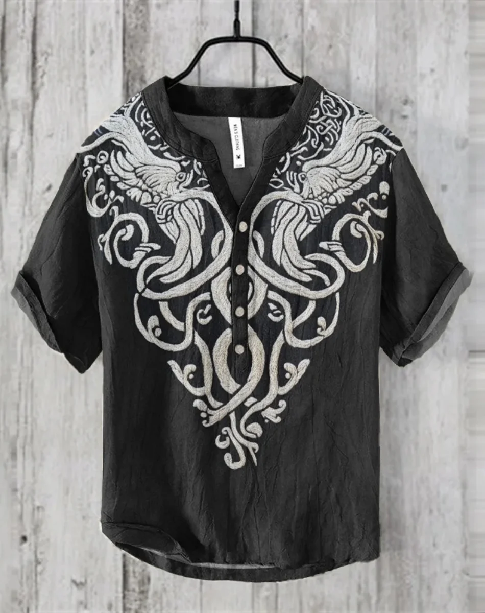 2025 Summer New Art Print pattern men's 100% linen shirt button large V-neck short-sleeved comfortable shirt - Image 3