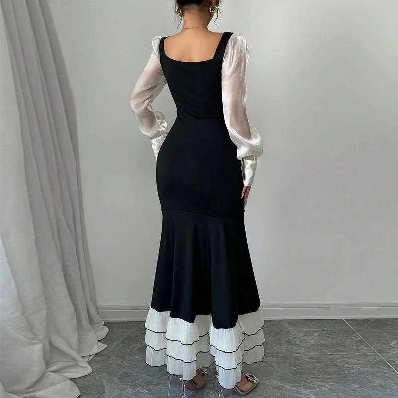 우아한 긴 소매 슬림핏 드레스 가을 신상 컬러 블록 피쉬테일 드레스 여성 출퇴근 파티 디너용