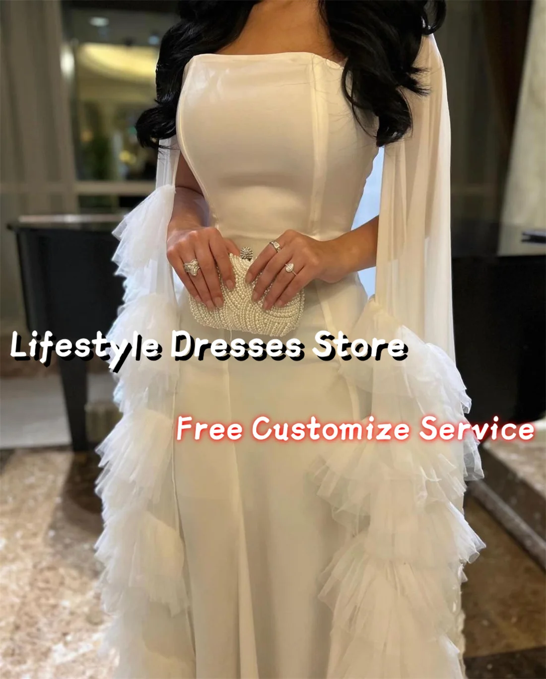 Customized Elegant Evening Dresses for Women Square Collar Floral Applique Wedding Party Gowns Tiered Sleeves Prom Dresses