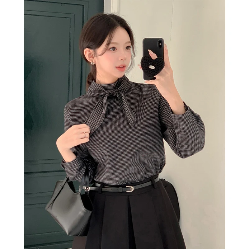 Vintage Plaid Shirts Frauen Harajuku Spitze Up Blusen Frühling Herbst Büro Damen Elegante Koreanische Lange Hülse Lose Design Tops Neue