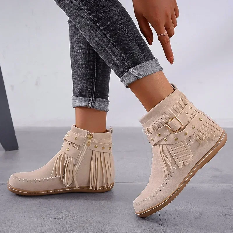 Shoes for Women 2023 High Quality Winter Women Boots Solid Color Round Toe Flock One Word Buckle Zipper Rome Zapatillas De Mujer