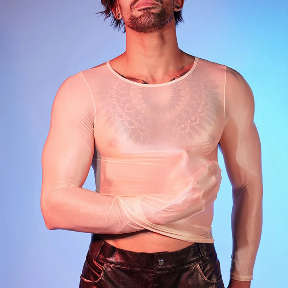 For Autumn For Male O Neck Tights Sheer Shirts Nightwear Sleepwear High Stretch Nightwear Regular Length See Through
