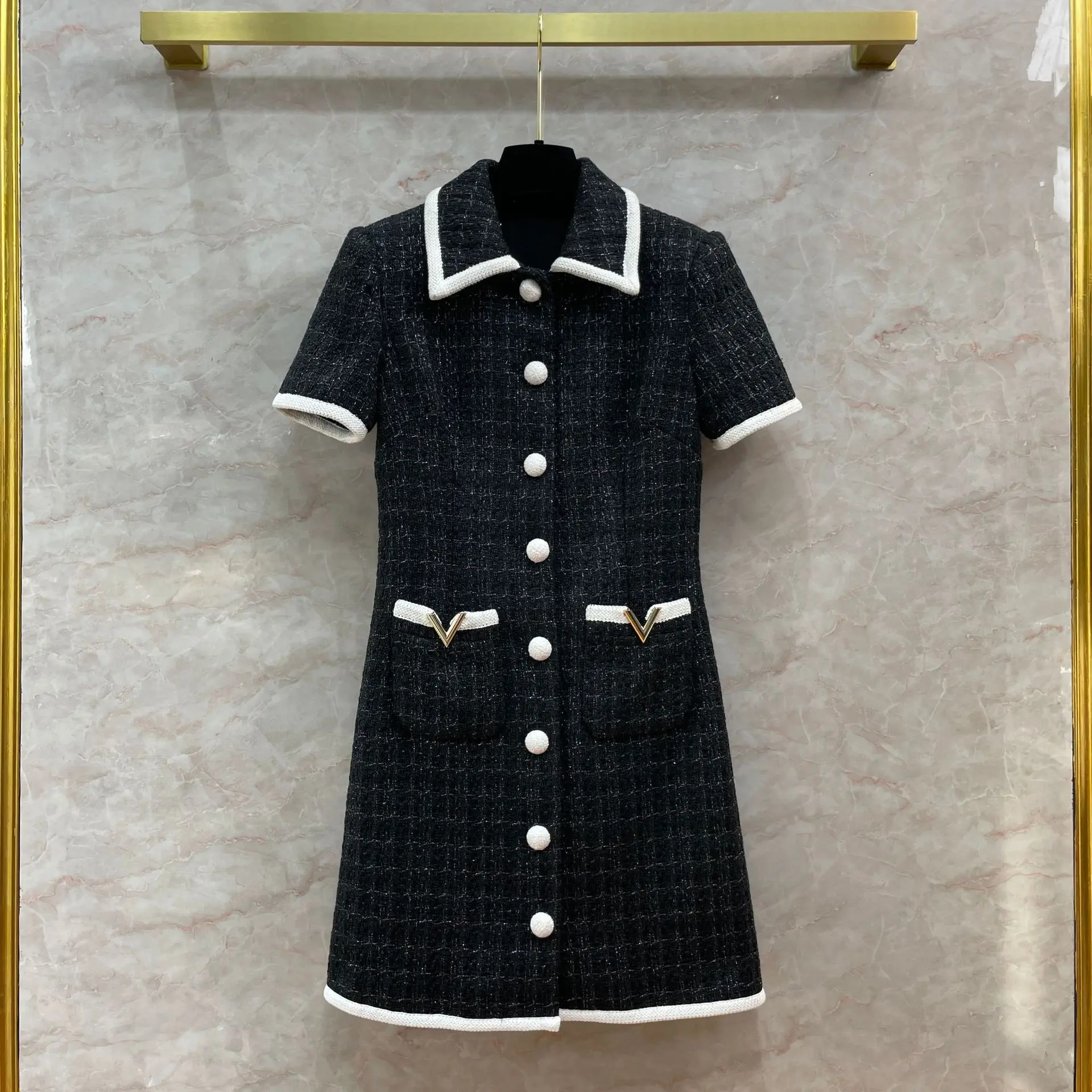 

2023 Autumn Fashion Women's Elegant High Quality Pockets Black Tweed Dress F295