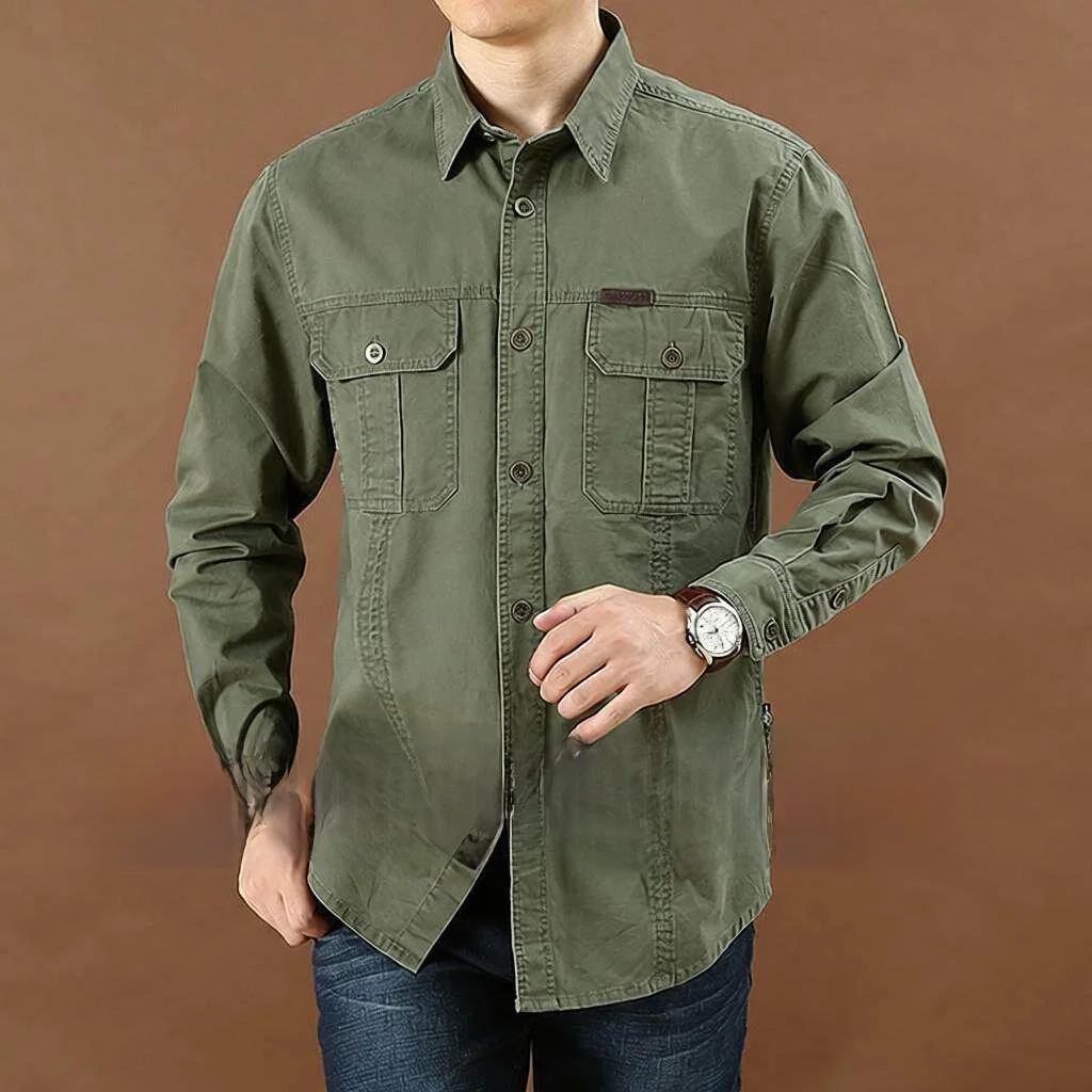 

Loose Long Sleeve Men's Casual Shirt New Large Size Pure Color Middle Youth Workwear Pocket Style Cotton Thin Mens Shirt