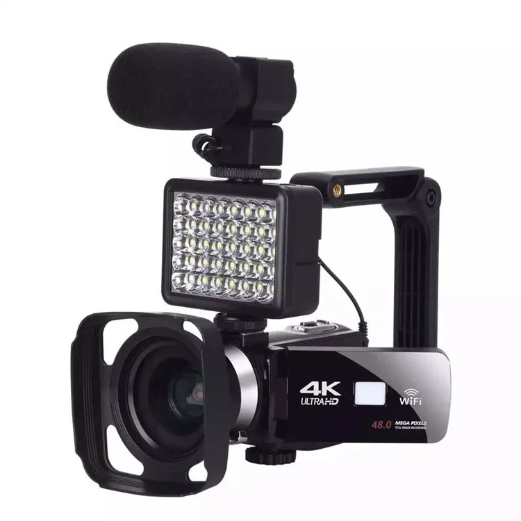 HDV4K Professional Video Camcorder 48MP Camera with Microphone/Wide Angle Len/LED light/Hood/Stable Handle Logo Printing