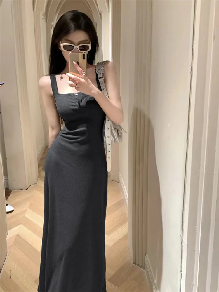Dress Women Spaghetti Straps All-match Party Midi Design Sleeveless Holiday Solid Elegant Ins Summer Fashion Korean Style A-line