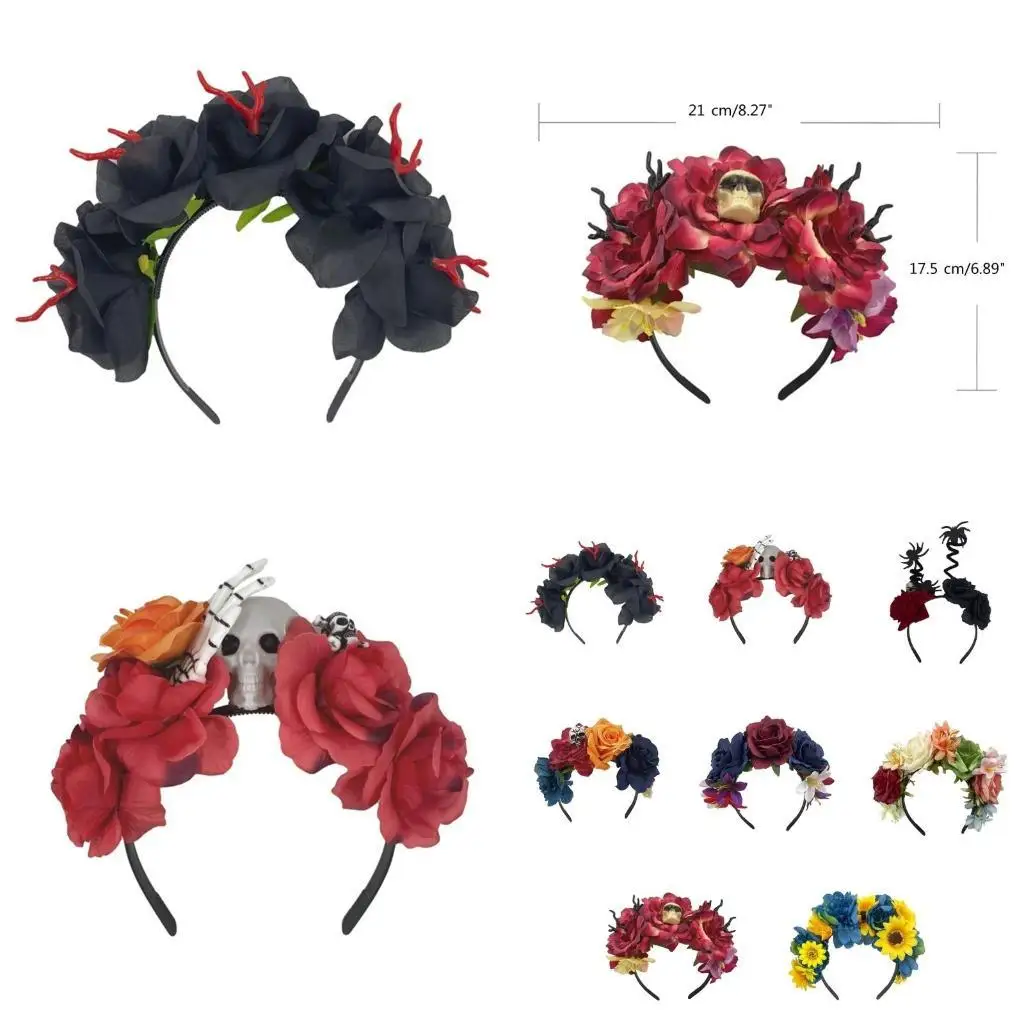 

652F Fashion Multiple Color Flower&Skull Hair Hoop Halloween Headband Stage Wedding Party Women Styling Headband