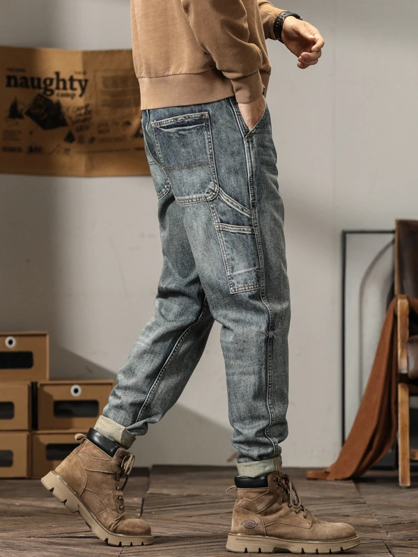 

Мужские джинсы в стиле ретро, американские повседневные, свободного прямого кроя, весна-осень, новые, рабочие, широкие, укороченные, повседневные брюки